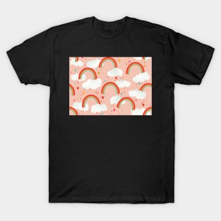 Clouds, rainbows and love hearts on a pink background T-Shirt